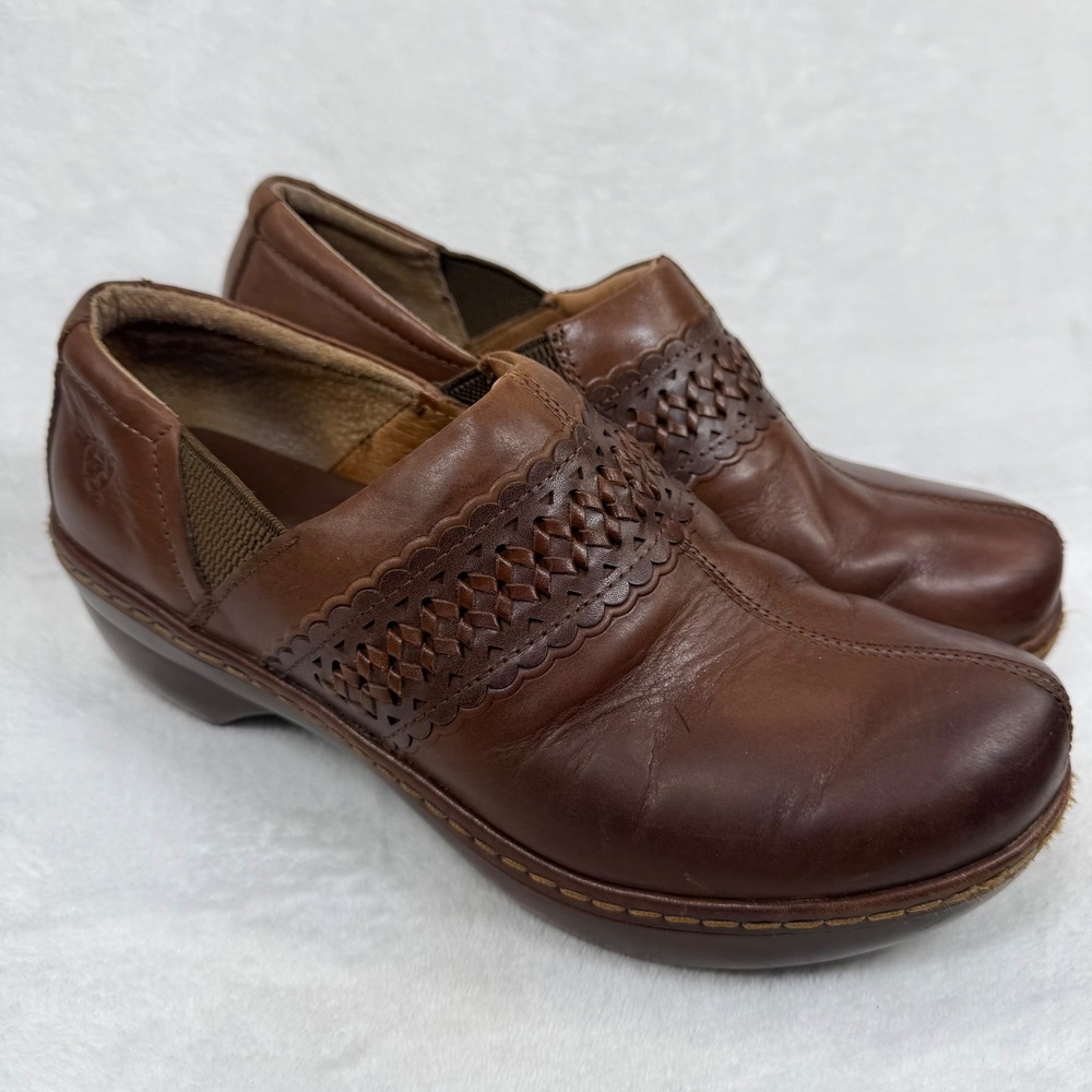 Ariat Womens Brown Leather Woven Scalloped Slip On Clogs Comfort Shoes 11B